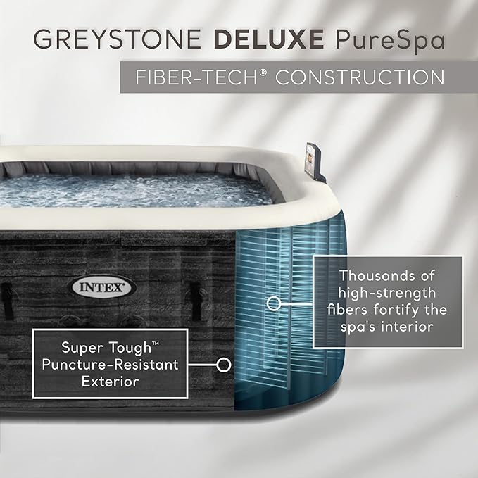 INTEX 28451EH PureSpa Greystone Deluxe Spa Set: Includes Energy Efficient Spa Cover - 170 Bubble Jets - Square Design - 6 Person Capacity - 77" x 28"