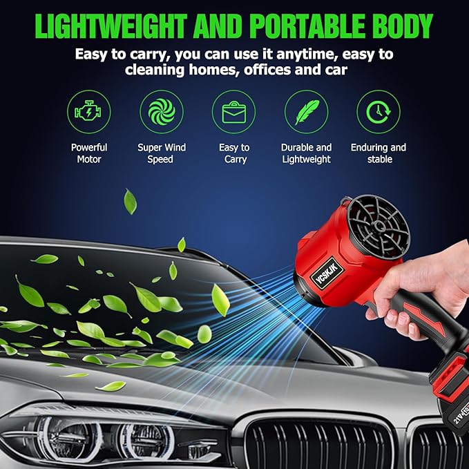 Cordless Leaf Blower, Leaf Blower Cordless with Battery and Charger, Portable Lightweight Handheld Blower, Extended Nozzle, Turbo Jet Blower for Lawn Care, Patio Cleaning, Leaves, Dust (Red)