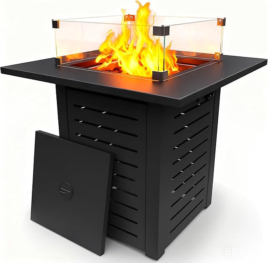 28'' Propane Fire Pit Table, 50,000 BTU Steel Gas Firepit for Outdoor Patio Deck and Garden, CSA Certified Fire Pit with Lid, Waterproof Cover, Glass Wind Guard and Lava Rock, Black