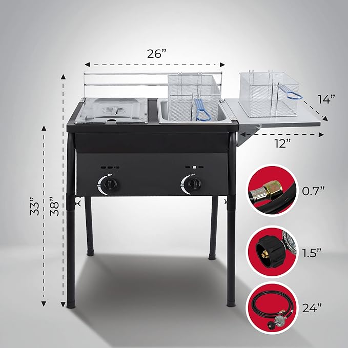 Cast Iron Black Deep Fryer | Two Tank Outdoor Propane Deep Fryer With 2 Stainless Steel Baskets & Lids | Adjustable Temperature Gas Fryer With Regulating Knobs | Large Oil Tanks Capacity