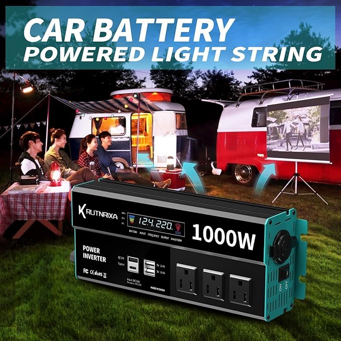 Power Inverters 500W 12V DC to 110V AC Converter for Vehicles USB-C/PD 25W Fast Charging Ports Car Charger Adapter with a Cigarette Lighter Ports Plug Outlet(Modified sine wave-1000W)