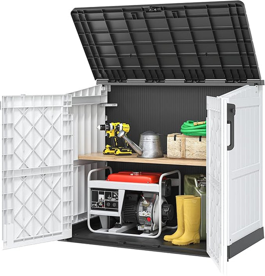 Resin Outdoor Storage Shed 36 Cu Ft with Lockable Doors–Weather Outside Organizing Solution, Plastic Outdoor Storage Cabinet for Gardens,Garages,Backyards and Home Organization-White