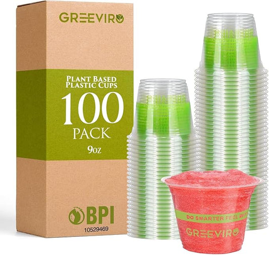 GREEVIRO Compostable Plant-Based Clear Plastic Cups 9oz Thick, Reusable, Disposable Iced Coffee Cups for Smoothies, Beer & Any Beverages for Parties, Weddings & Gatherings (9oz)