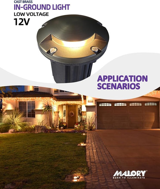 MALORY Brass Top Cover Landscape Well Lights,(5‘’H) 12V Low Voltage Outdoor In Ground Lights,5W Landscape Lighting for Pathway, Driveway and Garden (One-Direction Turret, 10-Pack with Bulb)