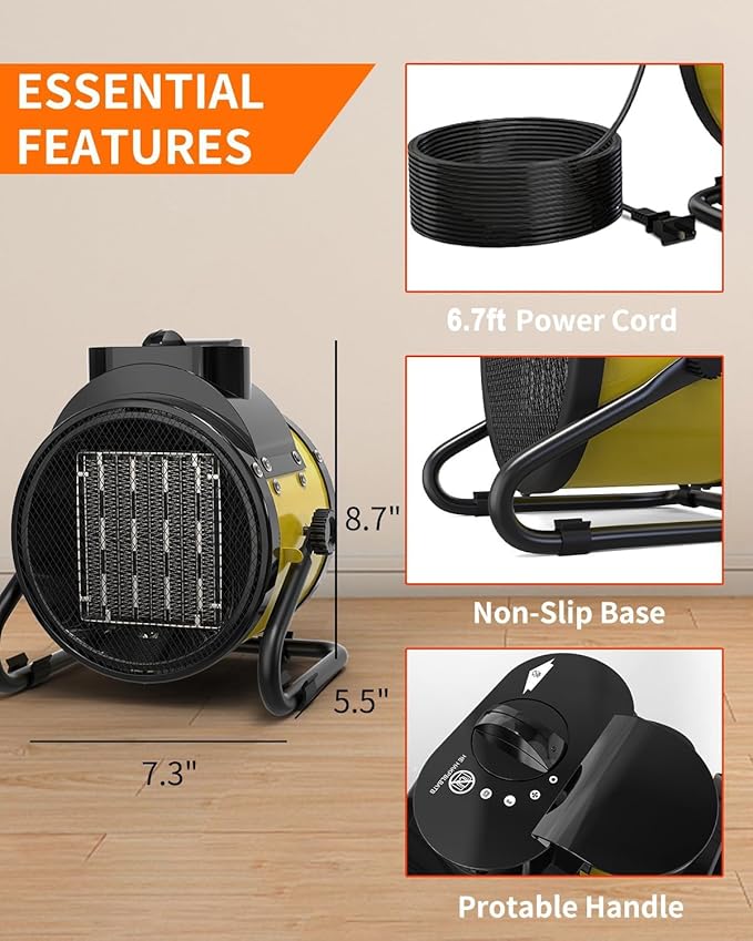 Buyplus Electric Space Heater - Outdoor Heater with Super Long Cord, Overheat Protection, Heaters Heat Up in 2 Seconds, 3 Modes, Small Fan Heater Tent Ceramic Space Heater for Patio, Amber