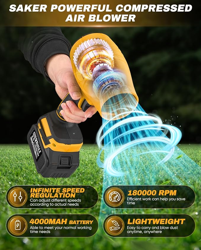 Saker Handheld Cordless Leaf Blower Portable Dust Cleaner 180000 RPM Compressed Air Duster with Adjustable Speed for Drying Patio Cleaning Camping 2 x 4.0Ah Battery Yellow