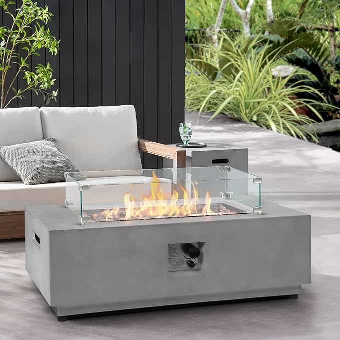42inch Rectangle Concrete Fire Pit Table with Propane Tank Cover Wind Guard - 3 Piece Patio Firepits 50,000 BTU, Stainless Steel Burner Steel Lid Lava Rocks and Rain Cover