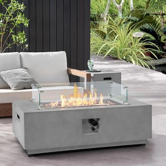 42inch Rectangle Concrete Fire Pit Table with Propane Tank Cover Wind Guard - 3 Piece Patio Firepits 50,000 BTU, Stainless Steel Burner Steel Lid Lava Rocks and Rain Cover