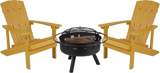 EMMA + OLIVER Campfire Set - Two Yellow Poly Resin Adirondack Chairs - 29" Star and Moon Fire Pit with Mesh Cover - Weather Resistant - Wood Burning Fire Pit