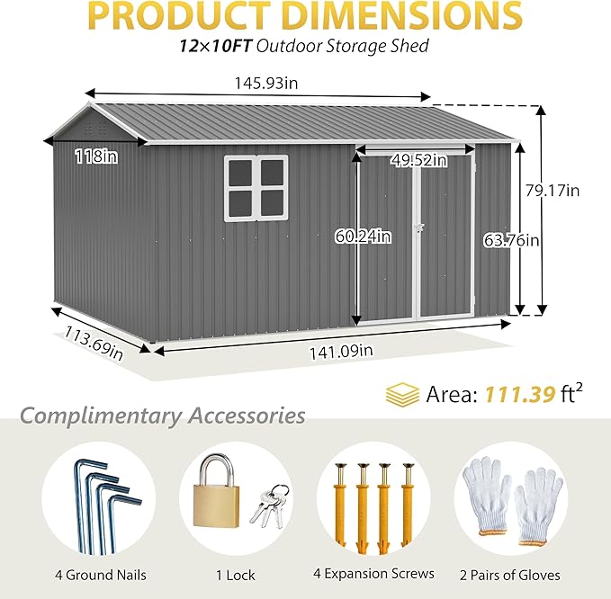 12x10 FT Heavy Duty Metal Outdoor Storage Shed with Window & Floor Frame, Lockable Double Doors, Weatherproof Steel Garden Tool Shed for Bikes, Lawn Mowers, Patio & Backyard Equipment Storage