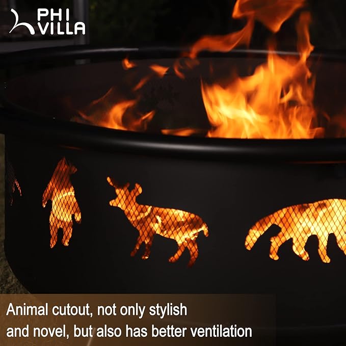 PHI VILLA 36" Outdoor Wood Burning Firepit, Large Patio Deep Bowl Steel Fire Pits with Animal Cutouts Pattern, Poker & Spark Screen