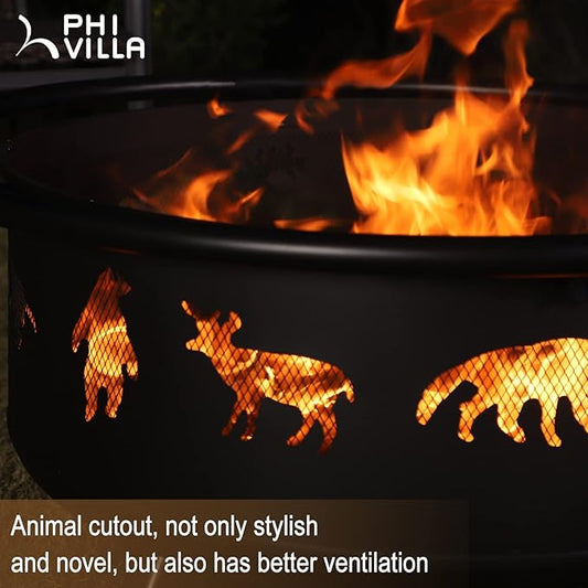 PHI VILLA 36" Outdoor Wood Burning Firepit, Large Patio Deep Bowl Steel Fire Pits with Animal Cutouts Pattern, Poker & Spark Screen