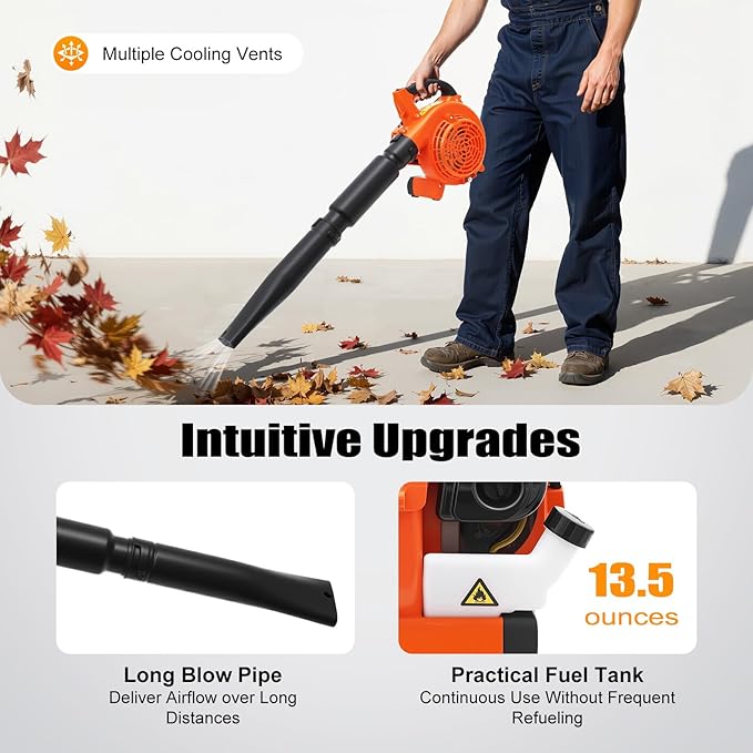 2-Stroke Handheld Leaf Blower, 25.4CC Hand-Pull Gas-Powered Engine Domestic Snow Blower Grass Sweeper Lawn Care Tool, Single-Cylinder Air Cooling for Snow Blowing Yard Cleaning