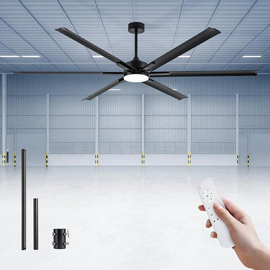 84In Large Ceiling Fan with Black Aluminum Blades,Industrial Ceiling Fan with Dimmable Light,12"/24" Downrod,Extension Coupler,6 Speed,Noiseless DC Motor Indoor Outdoor Covered Patio,Commercial