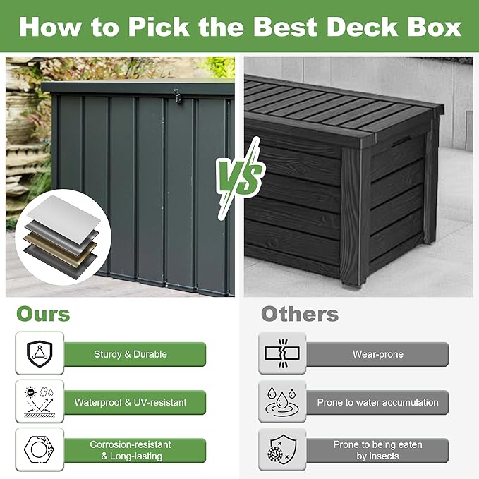 Domi 100 Gallon Deck Box, Outdoor Metal Lockable Storage Cabinet, Waterproof Steel Outdoor Bench with Lockable Lid, Side Handles & Rolling Casters for Outside Cushions, Pillows, Garden Tools, Grey