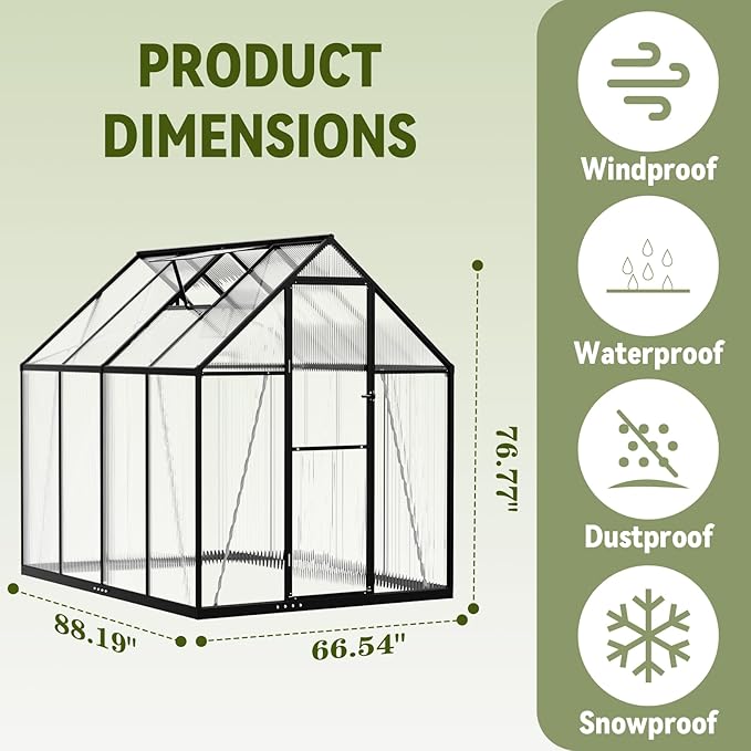 6X7.5 FT Polycarbonate Greenhouse, Walk-in Green House for Outside with Electronic Hygrometer, Reinforced Aluminum Frame Greenhouses, Heavy Duty Garden, Patio, Backyard Flower Planting