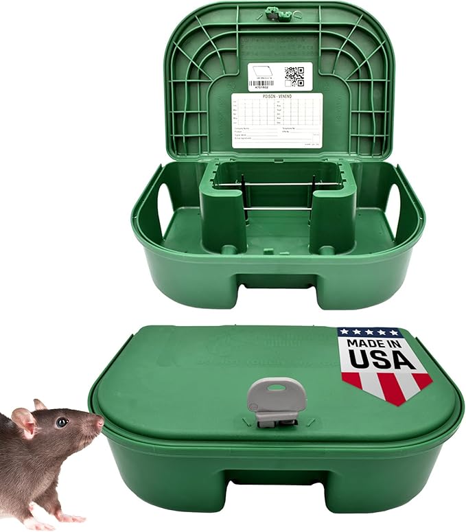 Exterminators Choice Large Rat Bait Station Box with 1 Key - Plastic, Green Heavy-Duty Weather-Resistant Outdoor Bait Station - Discreet Green Box with Lockable Holder