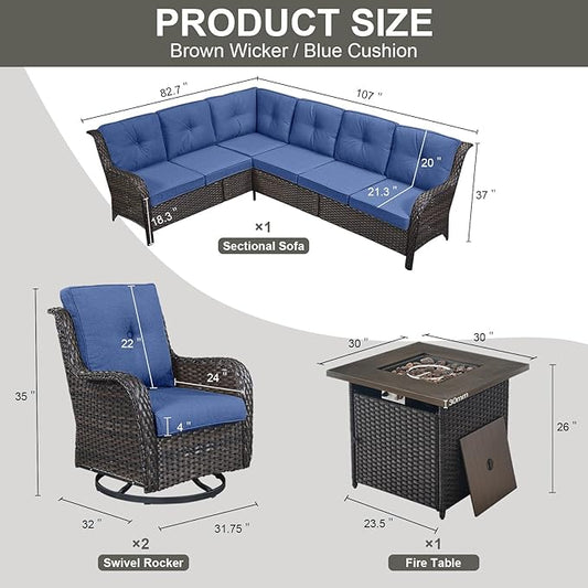 Belord Outdoor Sectional Sofa Furniture Set with Propane Fire Pit Table, Wicker Patio Conversation Set with 2 Swivel Glider Rocker Chairs Blue Cushion Perfect for Backyard Casual Gathering