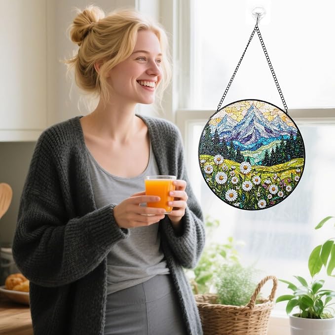 Stained Glass Window Hanging, Daisy Flowers Mountain Stained Glass Suncatchers Indoor Windows Glass Panel Garden Hanging Decor Birthday for Women 6.3 in