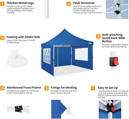 COBIZI 10x10ft Pop Up Canopy with 4 Removable Sidewalls, Easy Up Commercial Gazebos, Waterproof and UV50+ Gazebo with Portable Bag, Adjustable Leg Heights, Tents for Parties, with 4 sandbags
