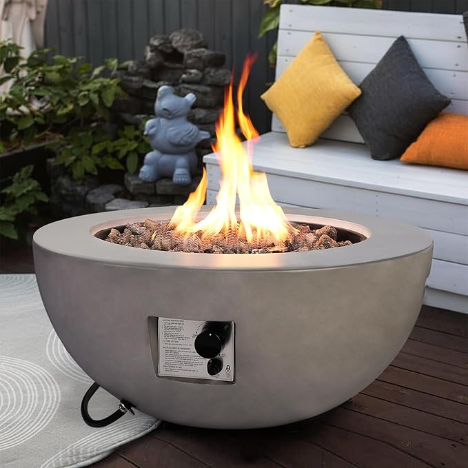 31.5" Round Propane Fire Pit Table,50,000 BTU Outdoor Concrete Gas Firepit with Lava Rocks & Rain Cover,Modern Patio Coffee Table for Backyard and Deck