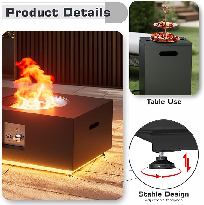 48 inch Propane Fire Pit Table LED, 2 in 1 Rectangular Outdoor Fire Pit with 20lb Tank Cover, Outside Patio Deck and Garden, Gas Fireplace Table with Lid and Stone, 50,000 BTU Adjustable Flame