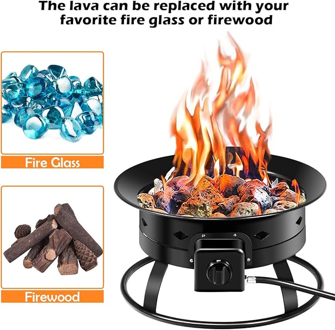 Giantex Portable Propane Fire Pit, 19" Outdoor Firepit, 58,000BTU Fire Bowl w/Cover & Carry Kit,Lava Rock Stone & Tank Stabilizer Ring, Gas Fire Pit for Outside Camping,Patio, Backyard, Black