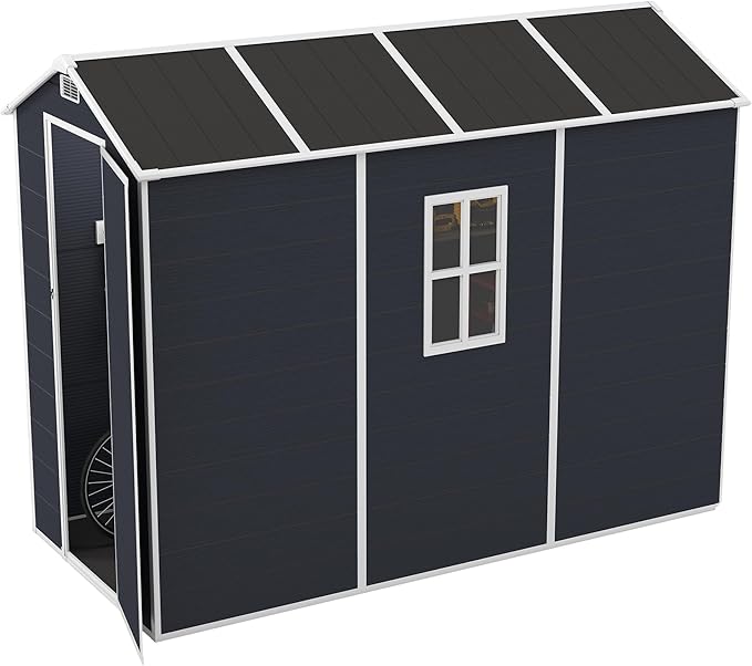 Resin Storage Shed 8x4ft, Outdoor Storage Sheds with Floor, Window, Lockable Doors and Vents, 12mm Thick pp Board, Tool Shed for Bike, Garden, Backyard, Lawn (Dark Gray, 4 * 8ft)