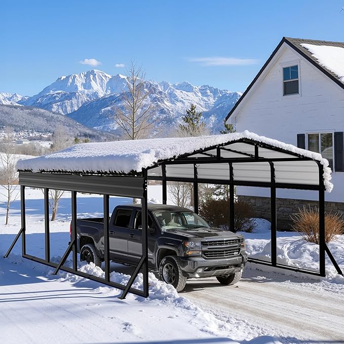12x20 FT Metal Carport, Heavy Duty Carport with Reinforced Frame & Side Support Poles for All-Weather, Outdoor Car Port Suitable for Parking Pickup, Boat, Car, and Tractor