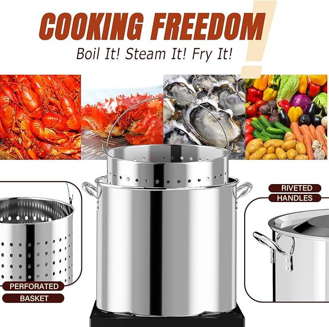 Stainless Steel 100QT Crawfish Boiler Kit, Waterproof Cover & 18-inch Skimmer, 110,000BTU Propane Burner Stove, 0-20PSIG Regulator, Seafood Boil Pot, Crab Boil Pot with 80QT Basket