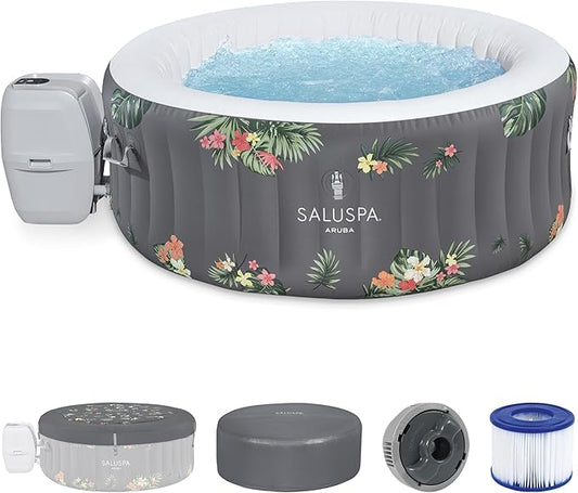 Bestway SaluSpa Aruba AirJet Large Round 2 to 3 Person Inflatable Hot Tub Portable Outdoor Spa with 110 AirJets and EnergySense Cover, Grey