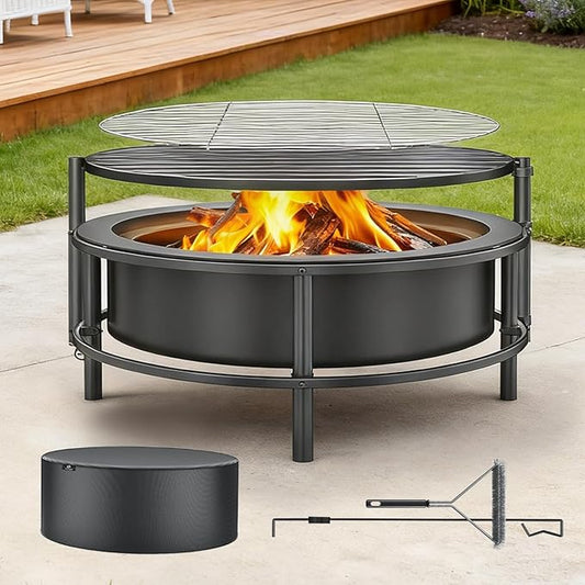 52 Inch Fire Pits for Outside Wood Burning with Rotating Table, Multifunctional Fire Pit with Grill Grate, Poker & Waterproof Cover, Portable Outdoor Bonfire Pit for Camping, Patio, Backyard