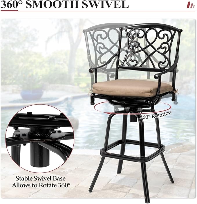 Crestlive Products Outdoor Bar Stools with Sunbrella Cushion Set of 2, 360° Swivel Patio Bar Height Chairs, All Weather Heavy Duty Commercial Grade Furniture, Antique Brown Finish for Outside (Beige)