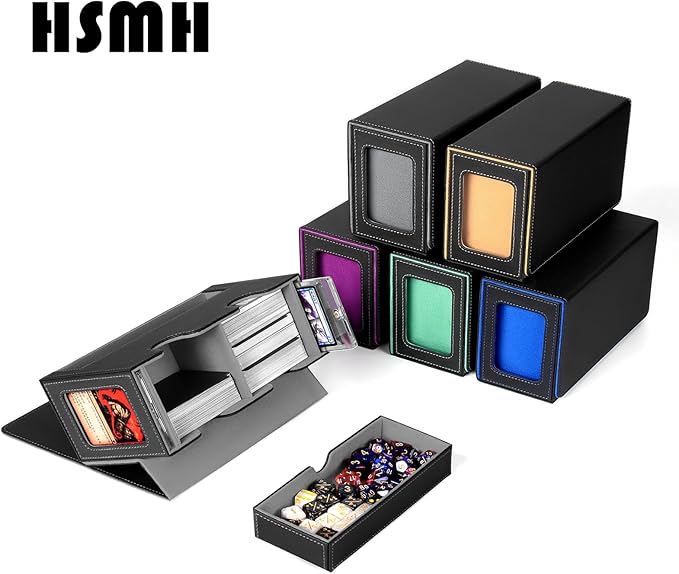 MTG Deck Box with 2 Commander Display,Commder Deck Box Fits 310+ Cards，with Dice Tray,Leather Magnetic,Fits for TCG CCG Magic Cards (Black Gray)