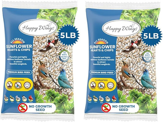Happy Wings Sunflower Hearts & Chips Bird Food 5 lbs- Combo Pack of 2I No Mess, No Waste Seed No Grow Formula Ideal for Wild Birds, Finches, Sparrows, and Year-Round Feeding.