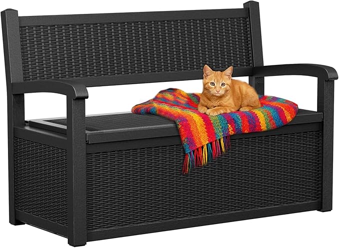 EasyUp 80 Gallon Outdoor Storage Bench, Waterproof and Lockable Deck Box Outdoor Storage Furniture for Patio,Garden,and Porch – Perfect for Storing Garden Tools and Cushions(Black)