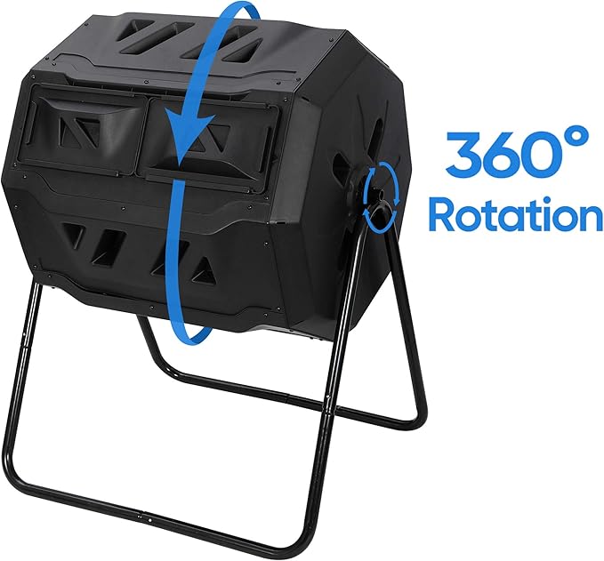 Saturnpower Large Composting Tumbler Dual Chamber Outdoor Garden Rotating Compost Bin Tumbling Composter with Sliding Door (43 Gallon, Black)