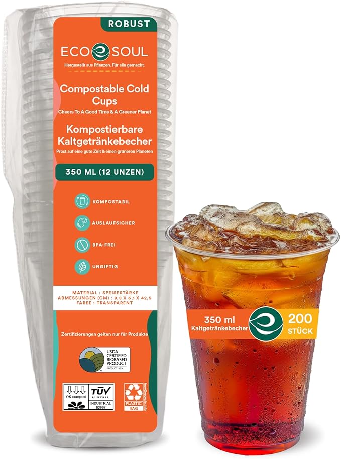 ECO SOUL 100% Clear Compostable Party Cups | (200 Count, 12 oz) | Disposable | Biodegradable | Plant Based Eco-friendly Alternative to Paper & Plastic Cups | For Weddings & Gatherings
