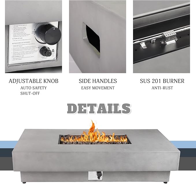 60inch Rectangle Fire Pit Table with Propane Tank Cover, 2-Piece Concrete Fire Table Outdoor 50,000 BTU Large Gas Firepits for Outside Patio with Steel Lid, Lava Rock, Rain Cover