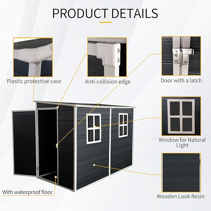 4x8 ft Outdoor Resin Storage Shed with Floor and 2 Windows, Waterproof Plastic Garden Shed with Lockable Door and Air Vents, All-Weather Tool Sheds for Backyard, Patio, Lawn (Black)