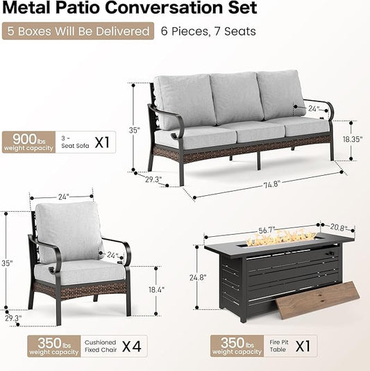 6 Piece Black Metal Outdoor Patio Furniture Sets with Firepit Table, Patio Conversation Sets 1 3-Seater Sofa, 4 Single Sofa with 5.75" Cushion Backyard Furniture for Deck, Light Gray