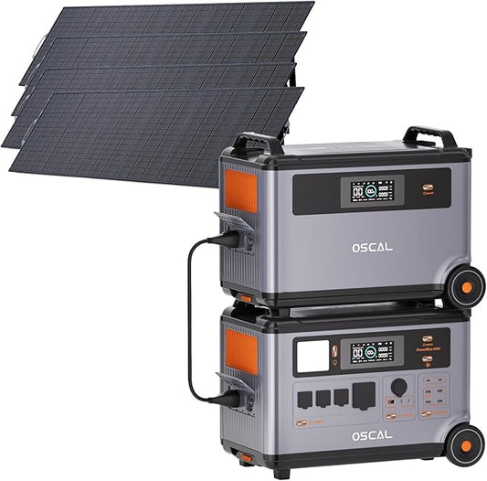 OSCAL 6000W(9000W Peak) Portable Solar Power Station with 4 * 500W Solar Panels, 3600Wh LiFePO4 Battery with 3600Wh Expansion Battery Pack, 2400W Solar Charging Generator for Camping, Home, Emergency