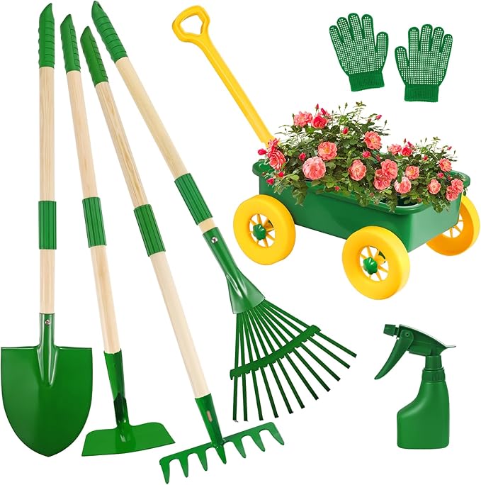 Duckura Kids Gardening Tools Set - 7pcs Wheelbarrow Set Outdoor Toy for Kids with Shovel, Rake, Leaf Rake, Yard Digging Weed Toys, Valentine's Birthday Gifts for Boys Girls Age 2 3+Years Old(Yellow)