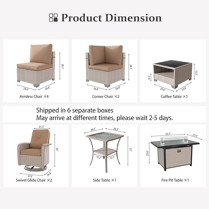 11 Pieces Patio Furniture Set with Fire Pit Table, Outdoor Sectional Wicker Sofa with Thick Cushions, High Back Swivel Rocker Patio Chairs, Rattan Conversation Set with Coffee Table, Khaki