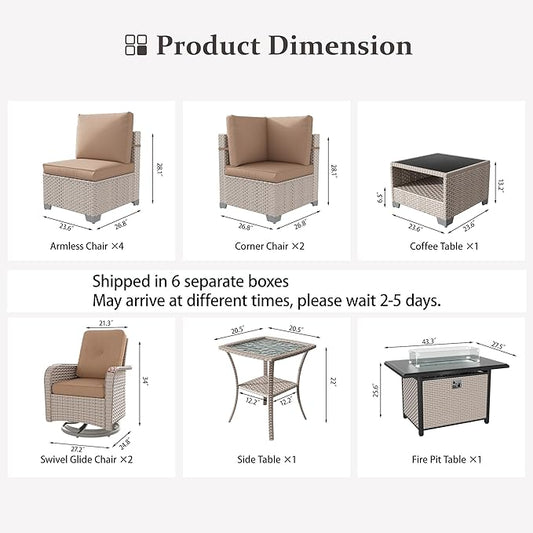 11 Pieces Patio Furniture Set with Fire Pit Table, Outdoor Sectional Wicker Sofa with Thick Cushions, High Back Swivel Rocker Patio Chairs, Rattan Conversation Set with Coffee Table, Khaki