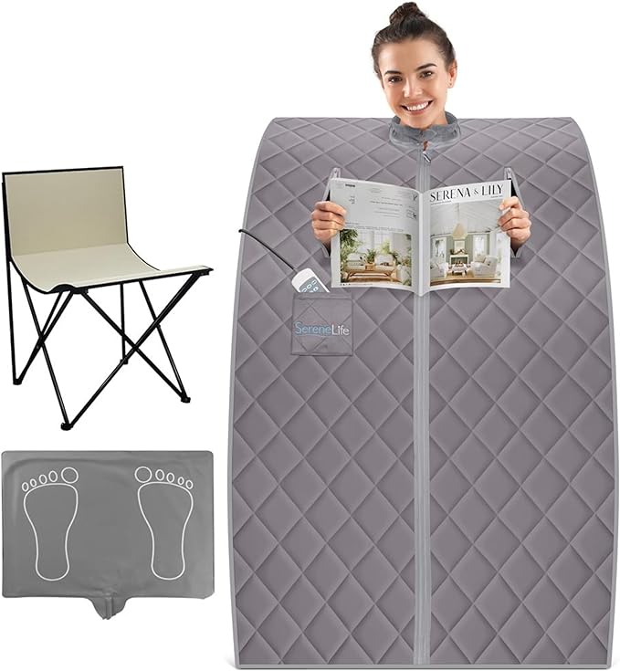 SereneLife Portable Sauna Box for Home, Infrared Sauna Tent with Heated Foot Pad and Folding Chair, Remote Control In-Home Spa, 38" x 32”