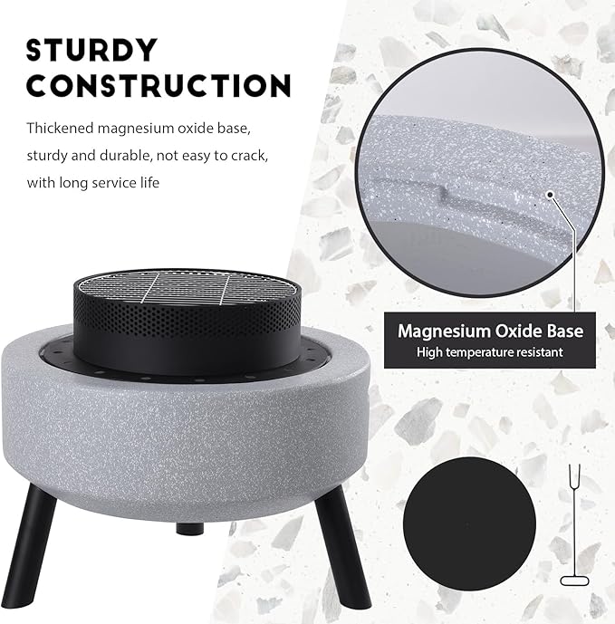 Outdoor Round Fire Pit 25” Faux Concrete Burning Firepit Portable Tripod Charcoal Grill for Patio Garden Backyard Barbecue, with Spark Screen, Firebowl, Poker, Stainless Steel Rack
