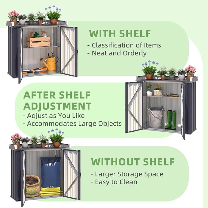 AECOJOY Outdoor Storage Cabinet Waterproof, Potting Workbench Table with Adjustable Shelves, Large Space Outside Metal Sheds & Outdoor Storage Garden Cabinet for Gardening Tools, Grey