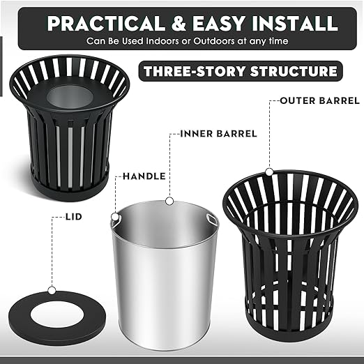 25.2IN Large Round Large Outdoor Trash Can, Heavy Duty Metal Slatted Garbage Can Outdoor, All Weather Resistant Commercial Garbage Cans, Waste Receptacle in Park, School, Beach, Patio Black