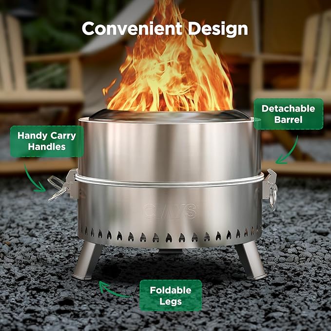 Ciays Smokeless Firepit, 19 Inch Fire Pit for Camping with Patented Technology, Portable Fire Pit for Outside with Steel Grill Rack, Fire Poker, and Bag, Easy Setup and Storage, Wood Burning